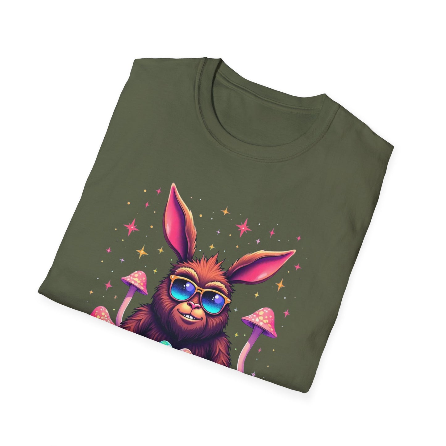 Easter Bunny Sasquatch T-Shirt — Colorful Psychedelic Bunny with Egg Basket