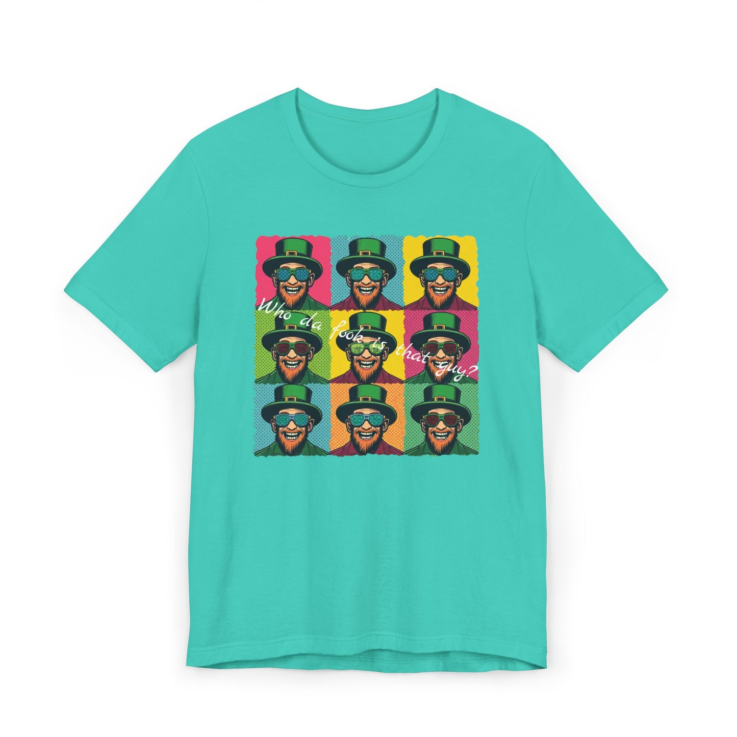 Pop Art Leprechaun, Who da fook is that guy?” T-Shirt — Colorful St. Patrick’s Day Graphic Tee