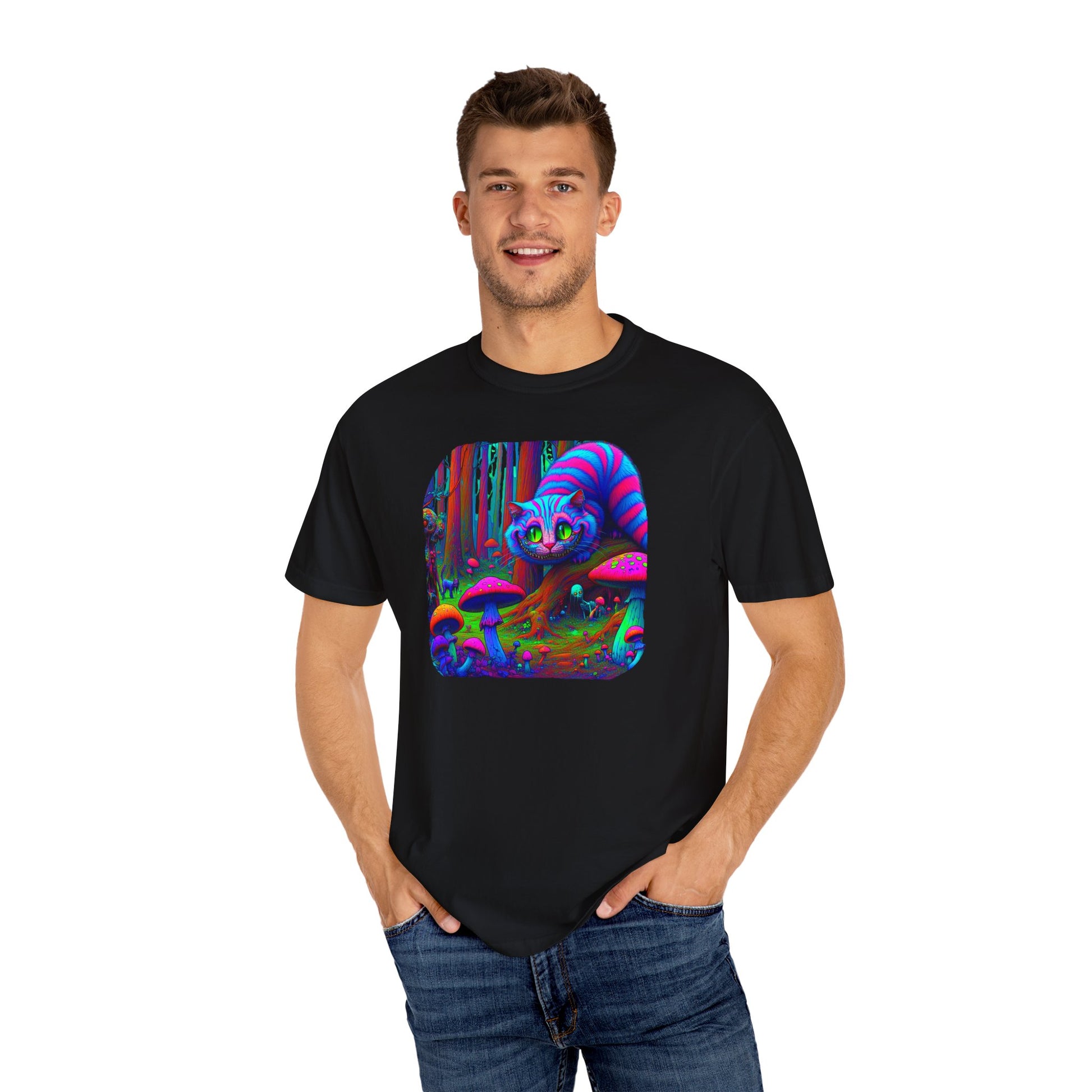 Curious Cat with mushrooms, Unisex Garment-Dyed T-shirt - Psychonaut Swag