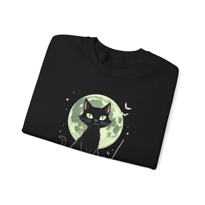 Black Cat Moon Crewneck Sweatshirt — Cute Witchy Cat Graphic