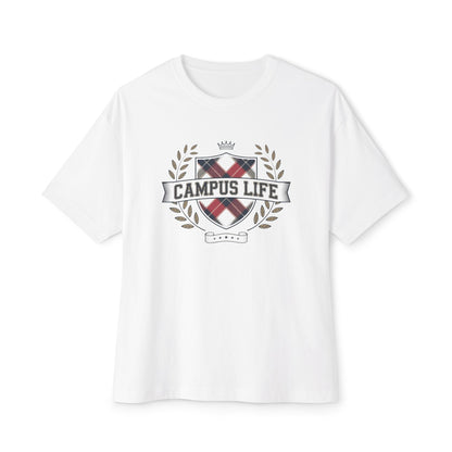 Campus Life Plaid Crest Tee — Oversized Boxy College T-Shirt