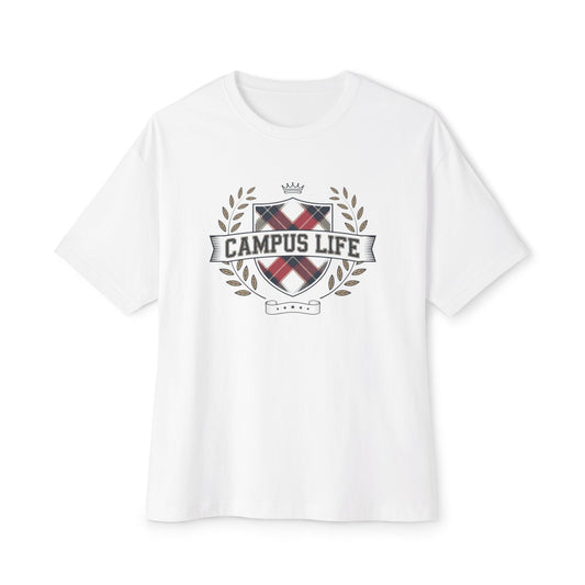 Campus Life Plaid Crest Tee — Oversized Boxy College T-Shirt