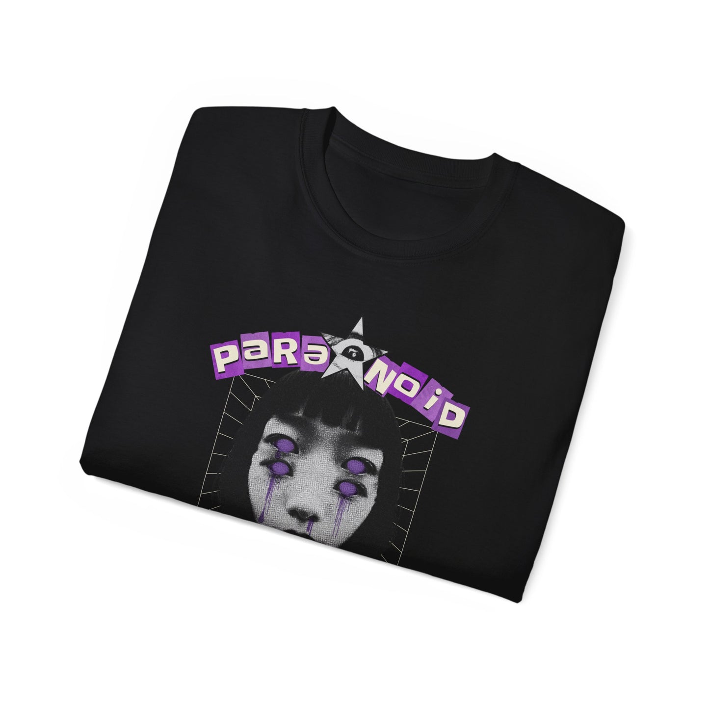 Paranoid in Vegas, Retro Cyber Goth Tee — Purple Distorted Face Graphic Shirt