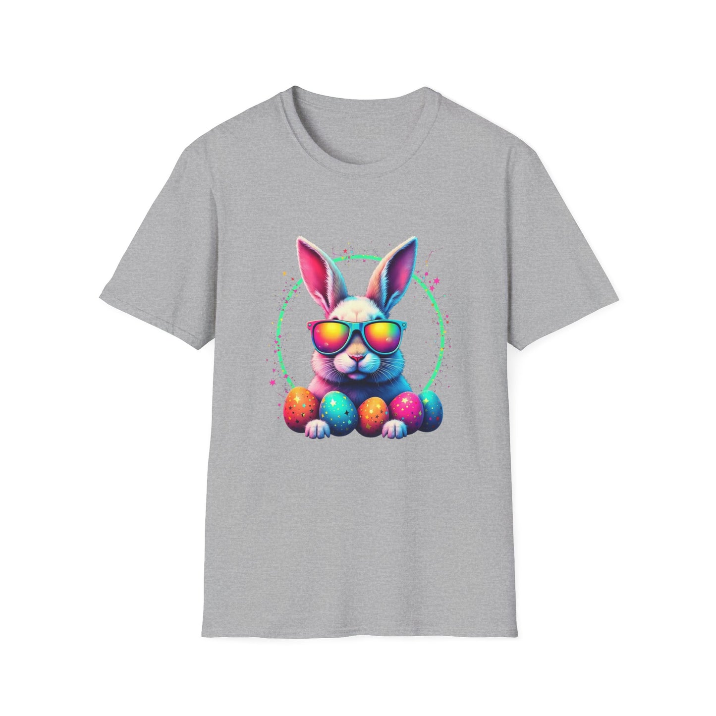 Easter Bunny Sunglasses T-Shirt — Colorful Neon Bunny with Easter Eggs