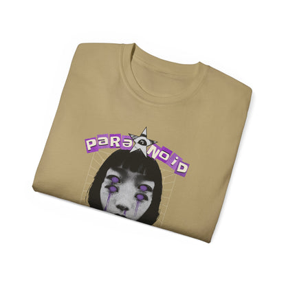 Paranoid in Vegas, Retro Cyber Goth Tee — Purple Distorted Face Graphic Shirt