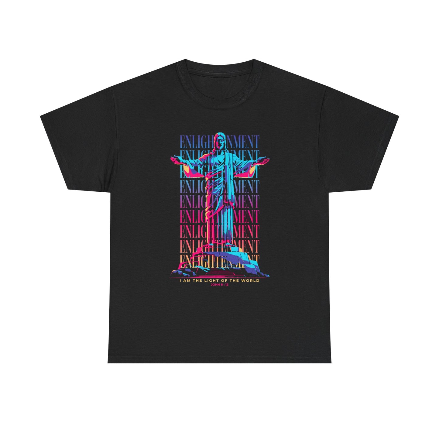 Enlightenment Tee — Neon Statue Graphic T-Shirt ("Entertainment" Text Design)