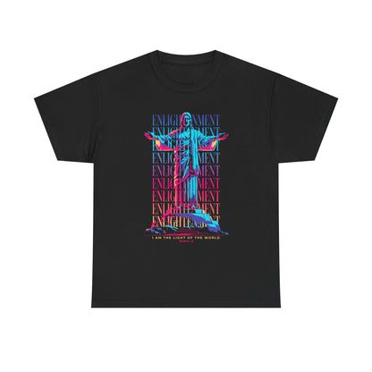 Enlightenment Tee — Neon Statue Graphic T-Shirt ("Entertainment" Text Design)