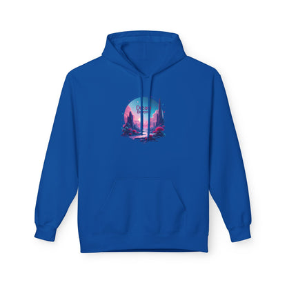 Retro Vaporwave Nature Hoodie — Neon Sunset Cityscape Graphic