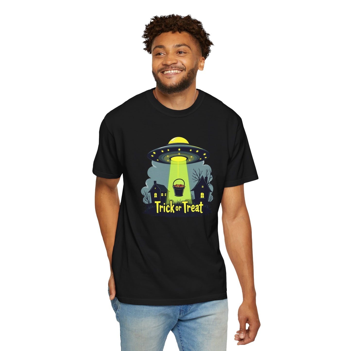 Halloween UFO Trick or Treat T-Shirt — Alien Abduction Spooky Tee