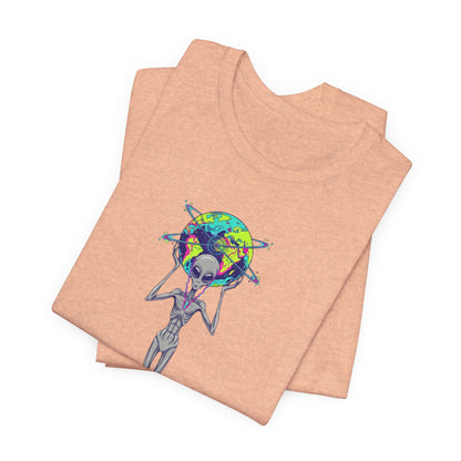 Alien Holding Earth Graphic Tee — Cosmic Sci‑Fi Alien Shirt