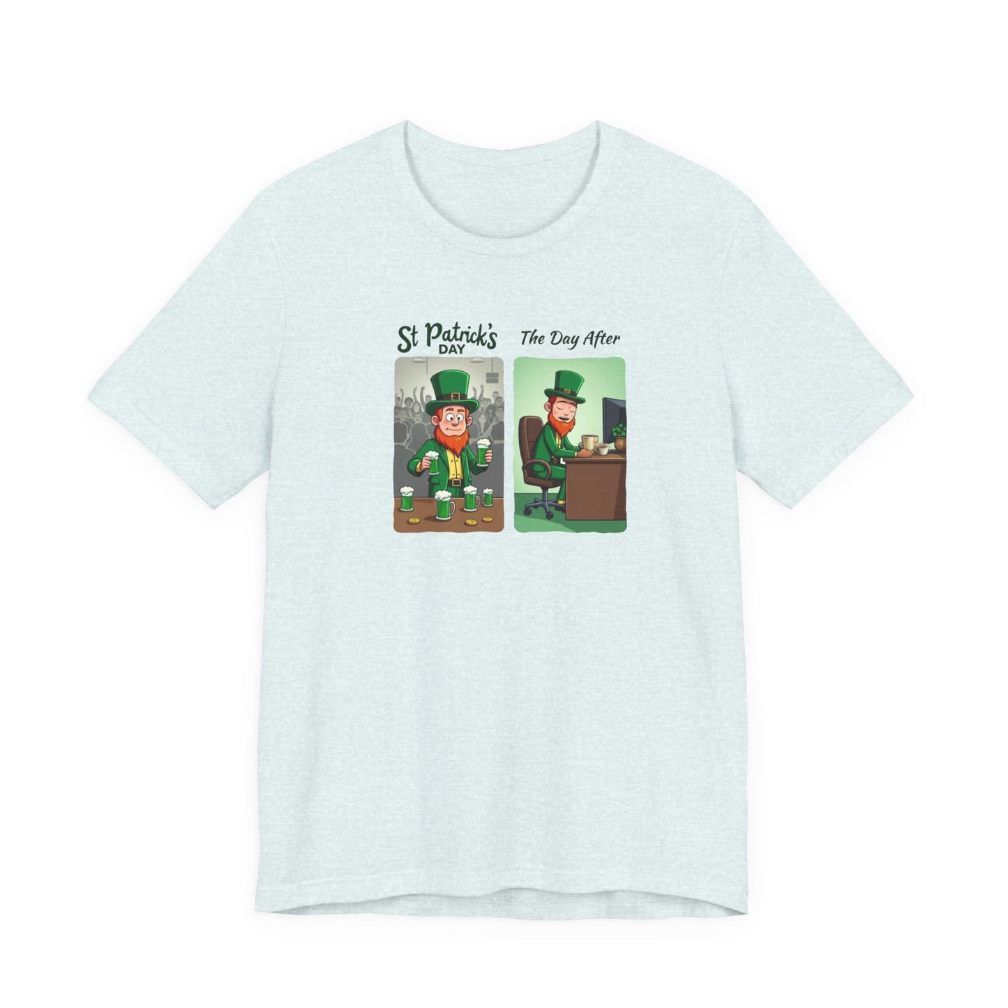 St. Patrick's Day Leprechaun Funny Cartoon T-Shirt — "St. Patrick's Day / The Day After" Tee