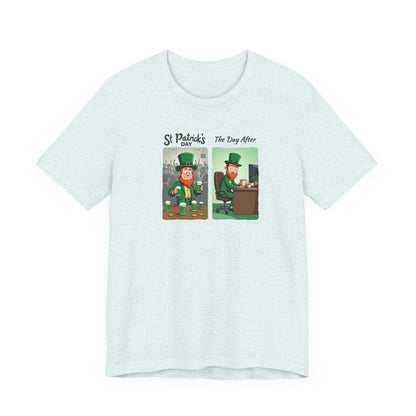 St. Patrick's Day Leprechaun Funny Cartoon T-Shirt — "St. Patrick's Day / The Day After" Tee