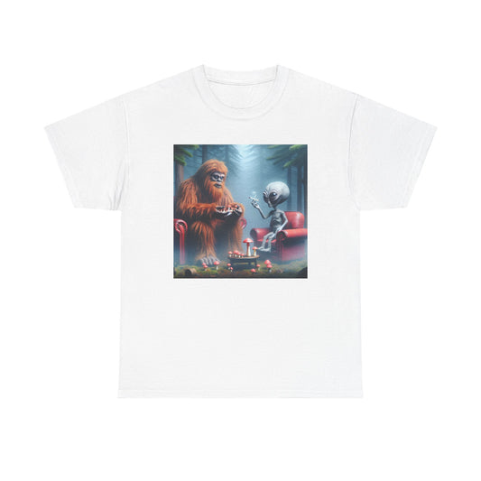 Mythical Bigfoot and Alien, Hanging out in the woods, Unisex Heavy Cotton Tee - Psychonaut Swag