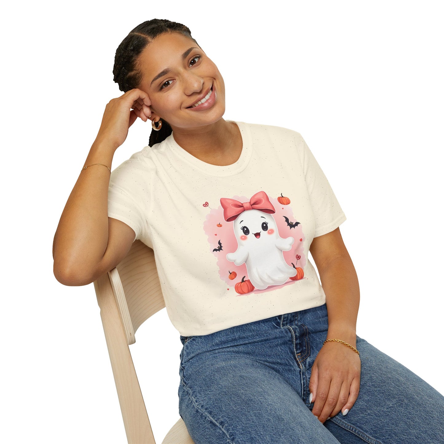 Cute Halloween Ghost T-Shirt — Pink Bow Ghost with Pumpkins & Bats