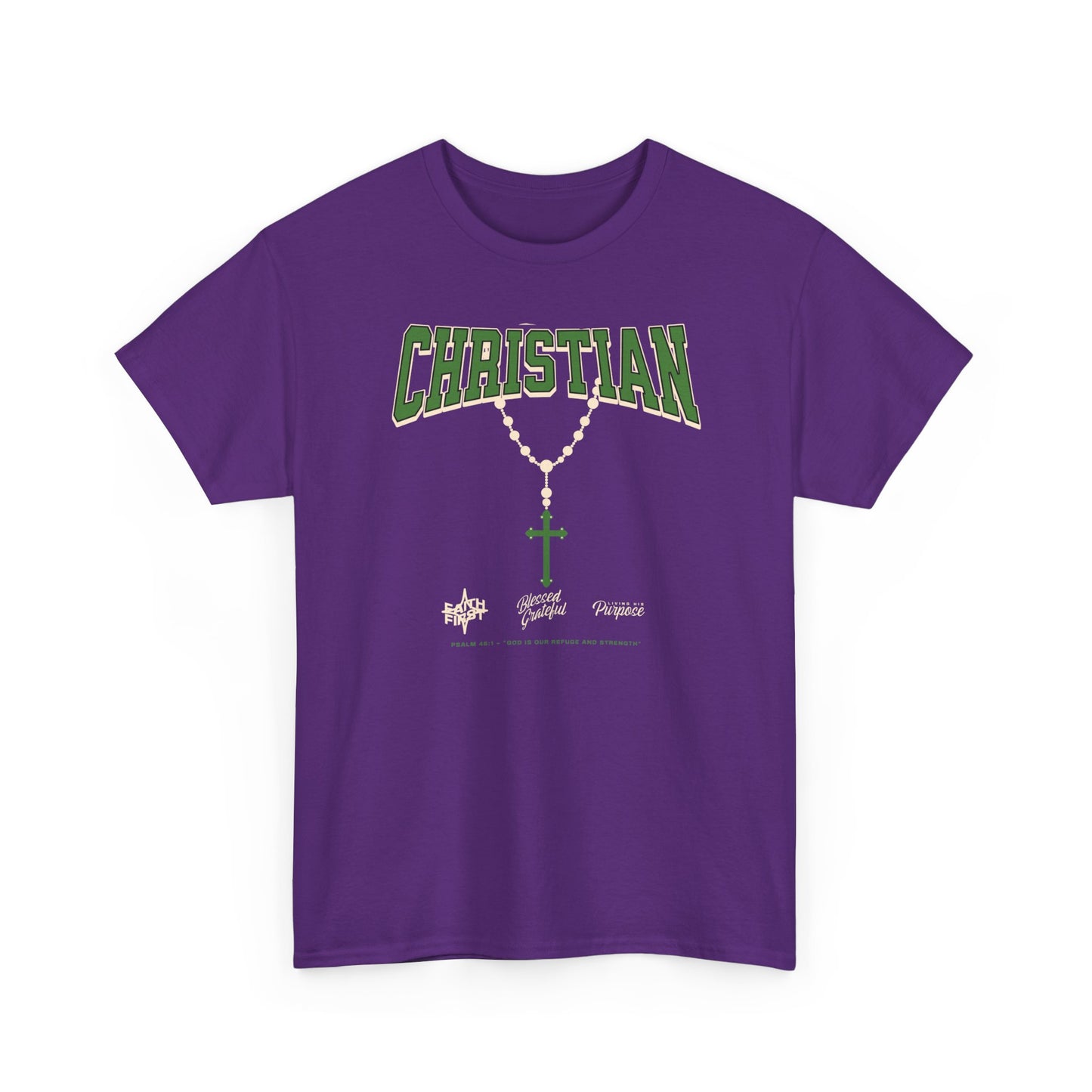 Christian Graphic Tee — Green Rosary Cross Shirt