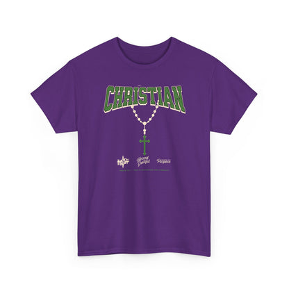 Christian Graphic Tee — Green Rosary Cross Shirt