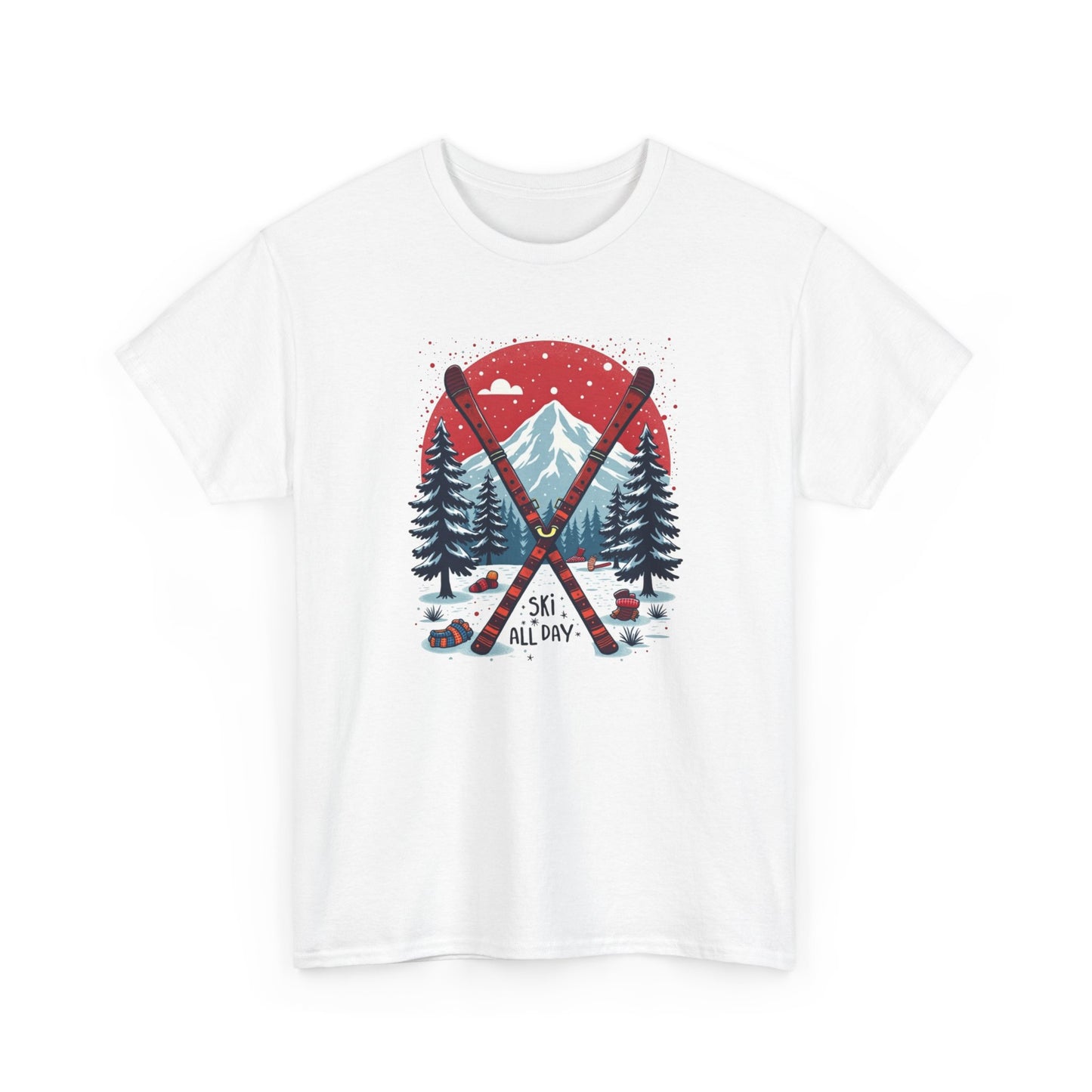 Ski All Day T-Shirt – Vintage Mountain Skis, Trees & Snow Graphic