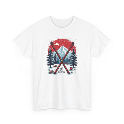 Ski All Day T-Shirt – Vintage Mountain Skis, Trees & Snow Graphic