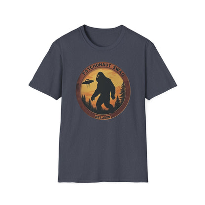 Bigfoot and UFO, Unisex Softstyle T-Shirt, Trendy Graphic Tee, Funny Bigfoot Shirt, Adventure Apparel, Gift for Nature Lovers