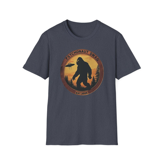 Bigfoot and UFO, Unisex Softstyle T-Shirt, Trendy Graphic Tee, Funny Bigfoot Shirt, Adventure Apparel, Gift for Nature Lovers