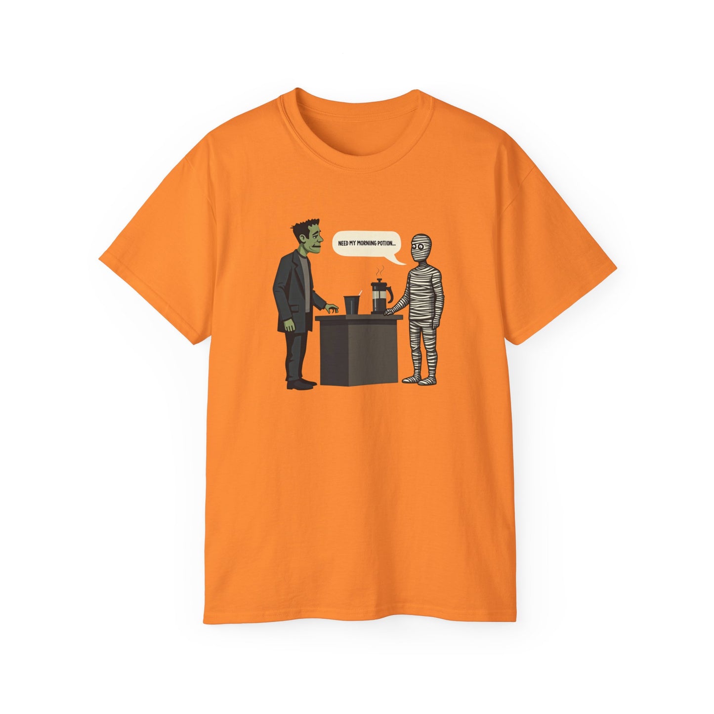 Funny Halloween Tee — Frankenstein & Mummy Coffee Joke Shirt