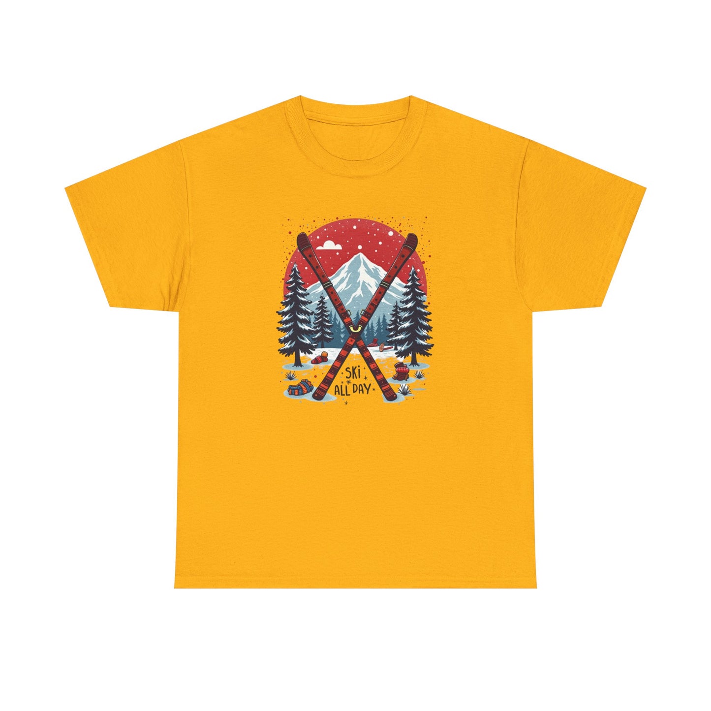 Ski All Day T-Shirt – Vintage Mountain Skis, Trees & Snow Graphic