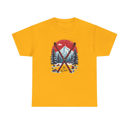 Ski All Day T-Shirt – Vintage Mountain Skis, Trees & Snow Graphic