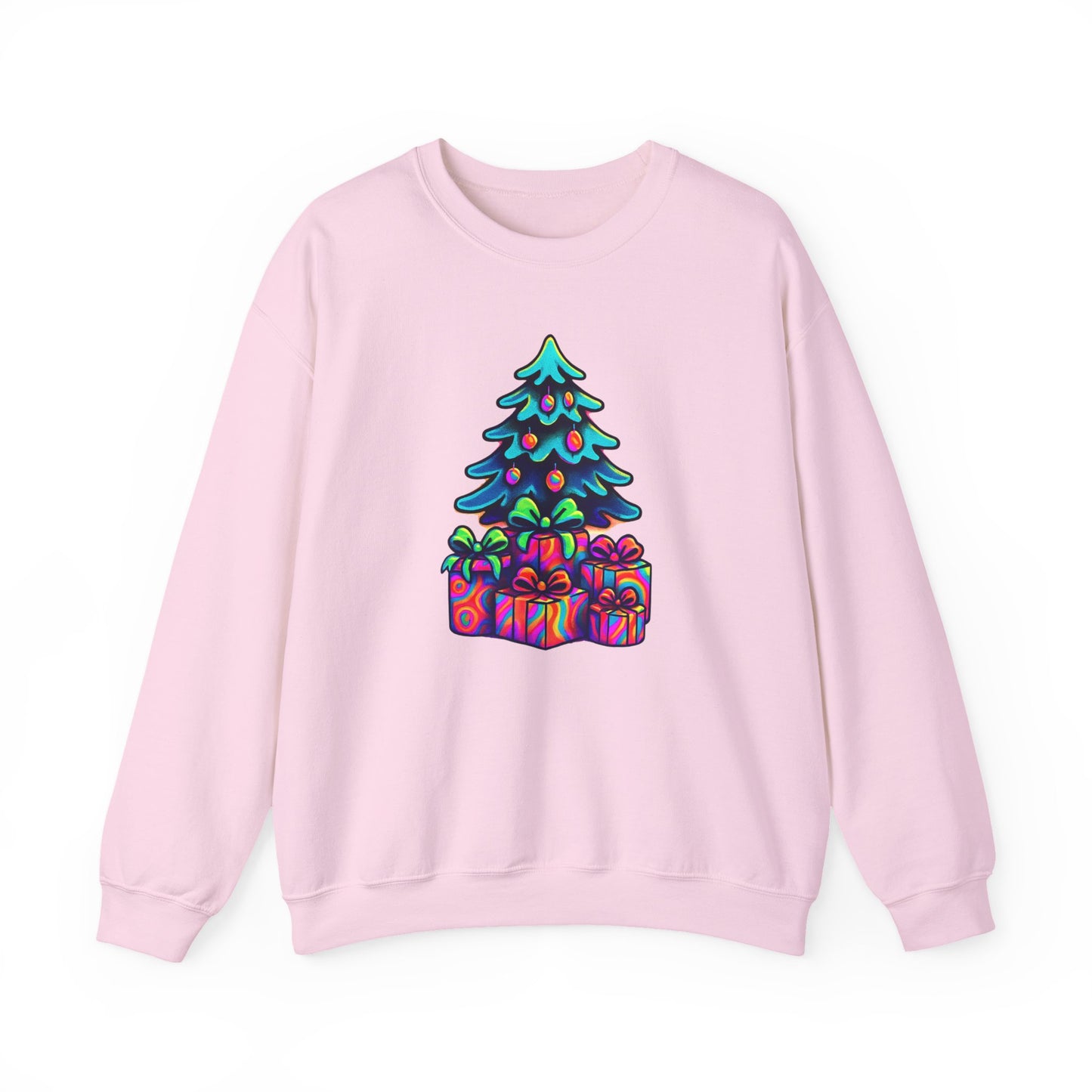 Psychedelic Christmas Tree Sweatshirt — Colorful Holiday Tree with Gifts Crewneck