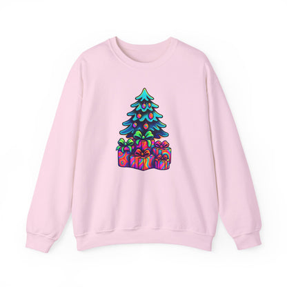 Psychedelic Christmas Tree Sweatshirt — Colorful Holiday Tree with Gifts Crewneck