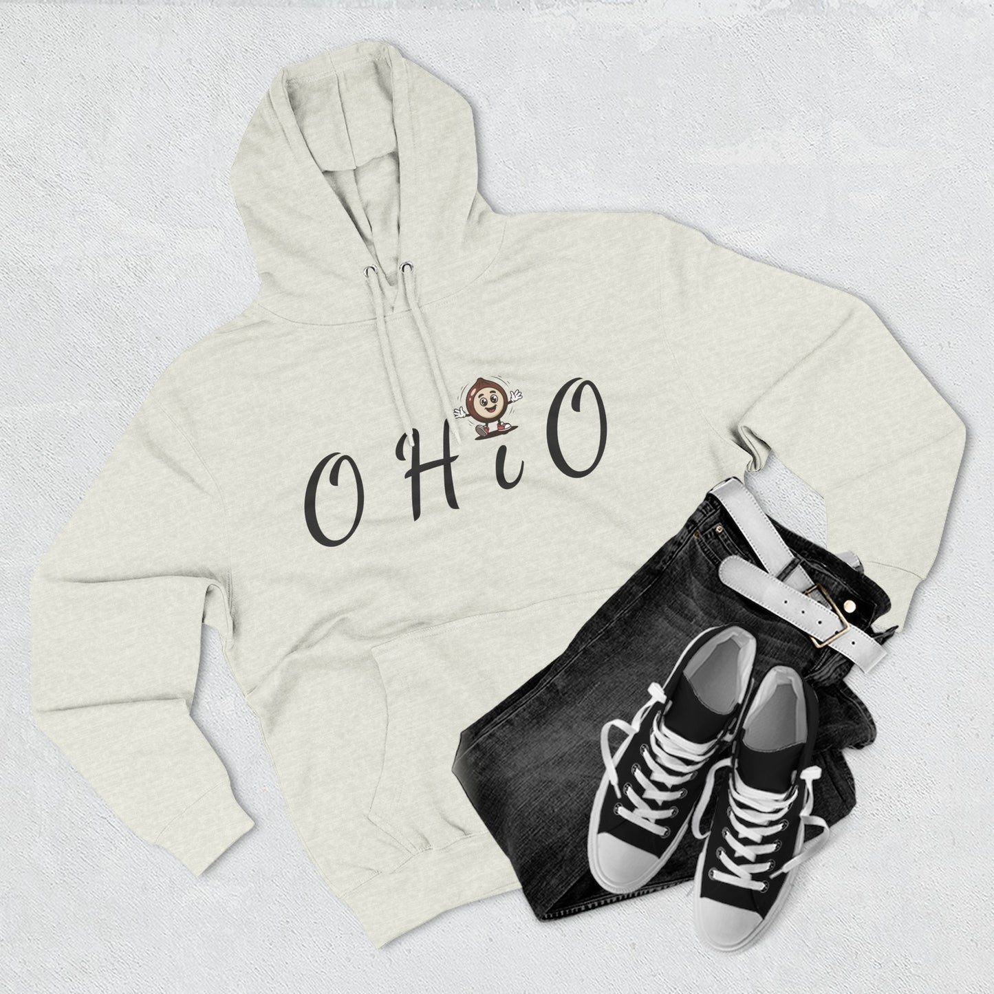 Ohio Script Hoodie with Cute Buckeye Mascot