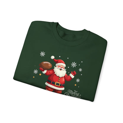 Santa Throwing Football, Christmas Sweatshirt - Jolly Santa with 'Merry Christmas' Graphic