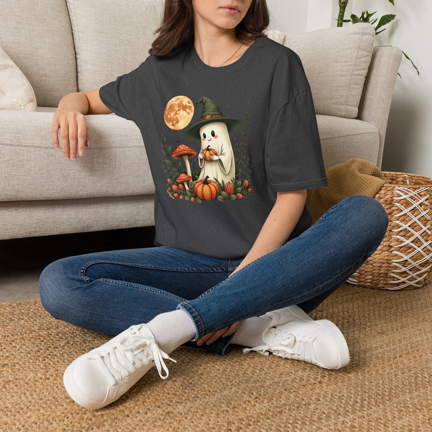 Ghost Witch T‑Shirt — Cute Halloween Moon, Pumpkin & Mushroom Design