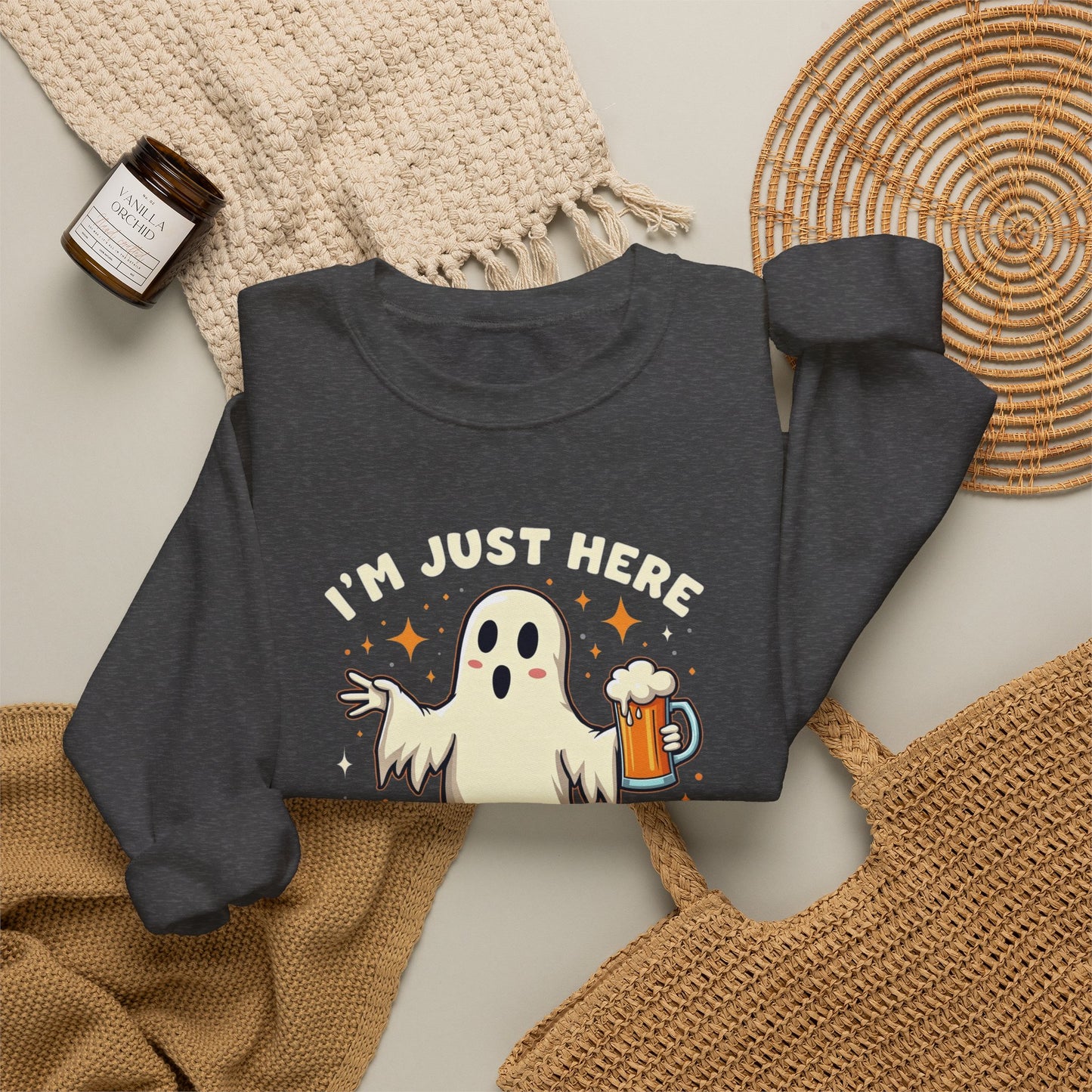 Halloween Ghost Sweatshirt — "I'm Just Here for the Boos" Cozy Crewneck