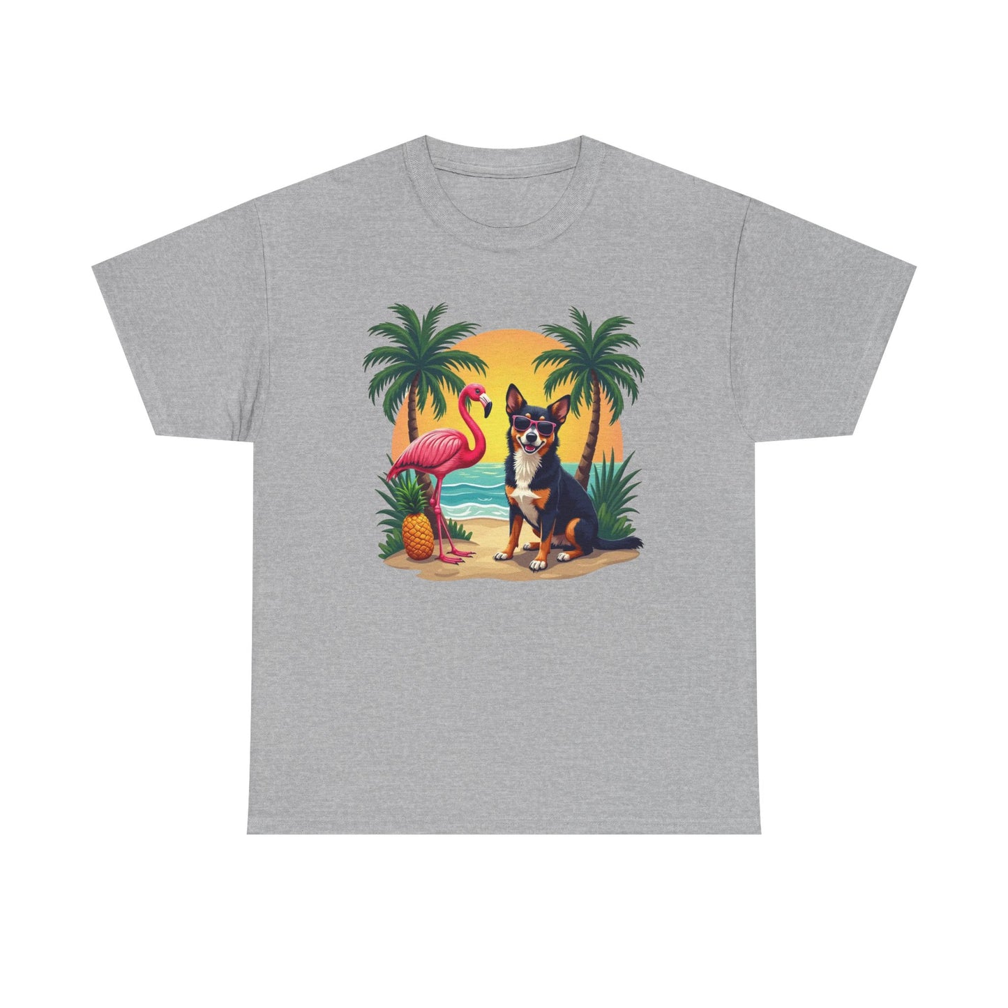 Dog Beach Sunset T-Shirt — Tropical Flamingo Palm Tee