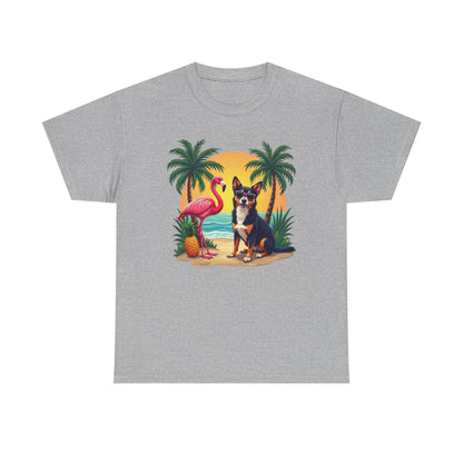 Dog Beach Sunset T-Shirt — Tropical Flamingo Palm Tee