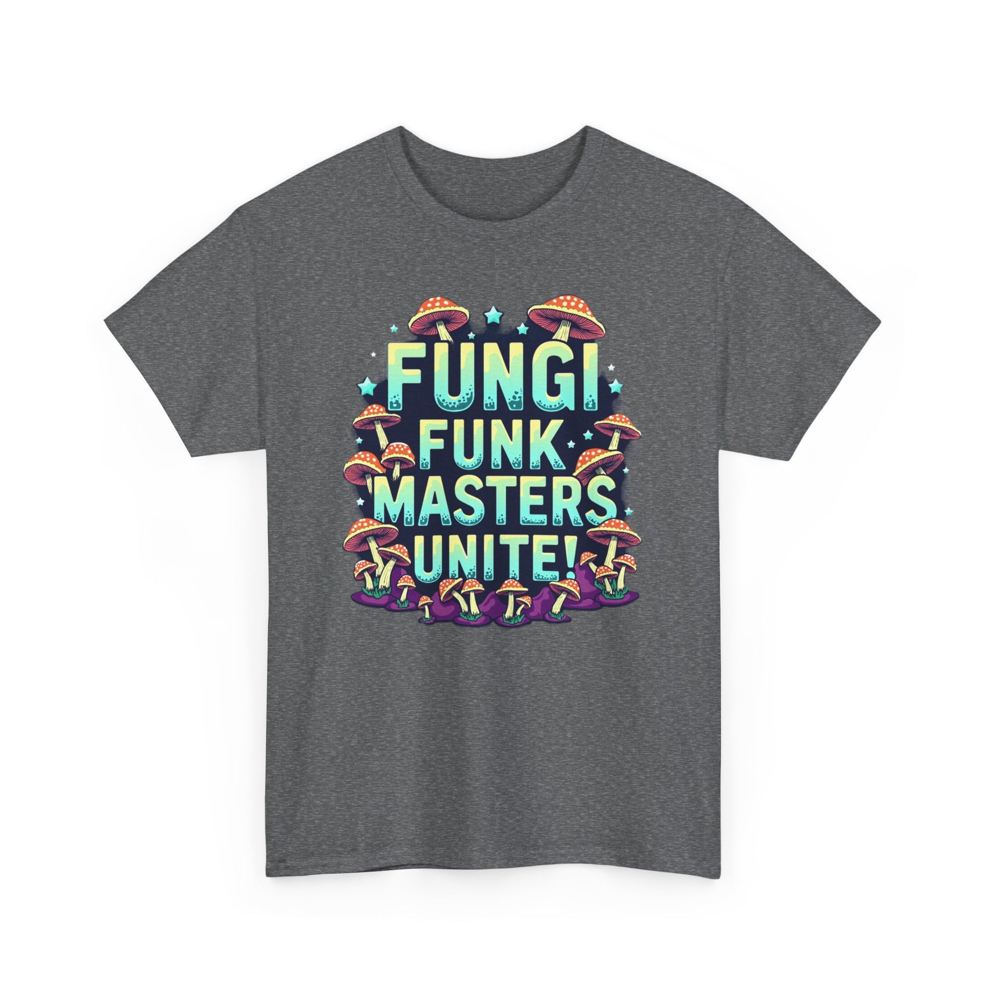Fungi Funk Masters Unite Unisex Heavy Cotton Tee - Playful Mushroom Graphic T-Shirt - Psychonaut Swag