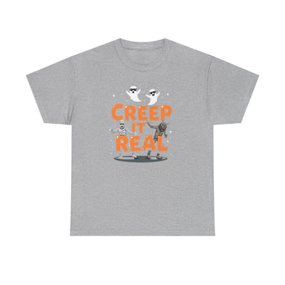 Creep It Real Unisex Heavy Cotton Tee, Halloween Shirt, Fall Apparel, Spooky Season, Ghost Theme, Unisex Casual Wear
