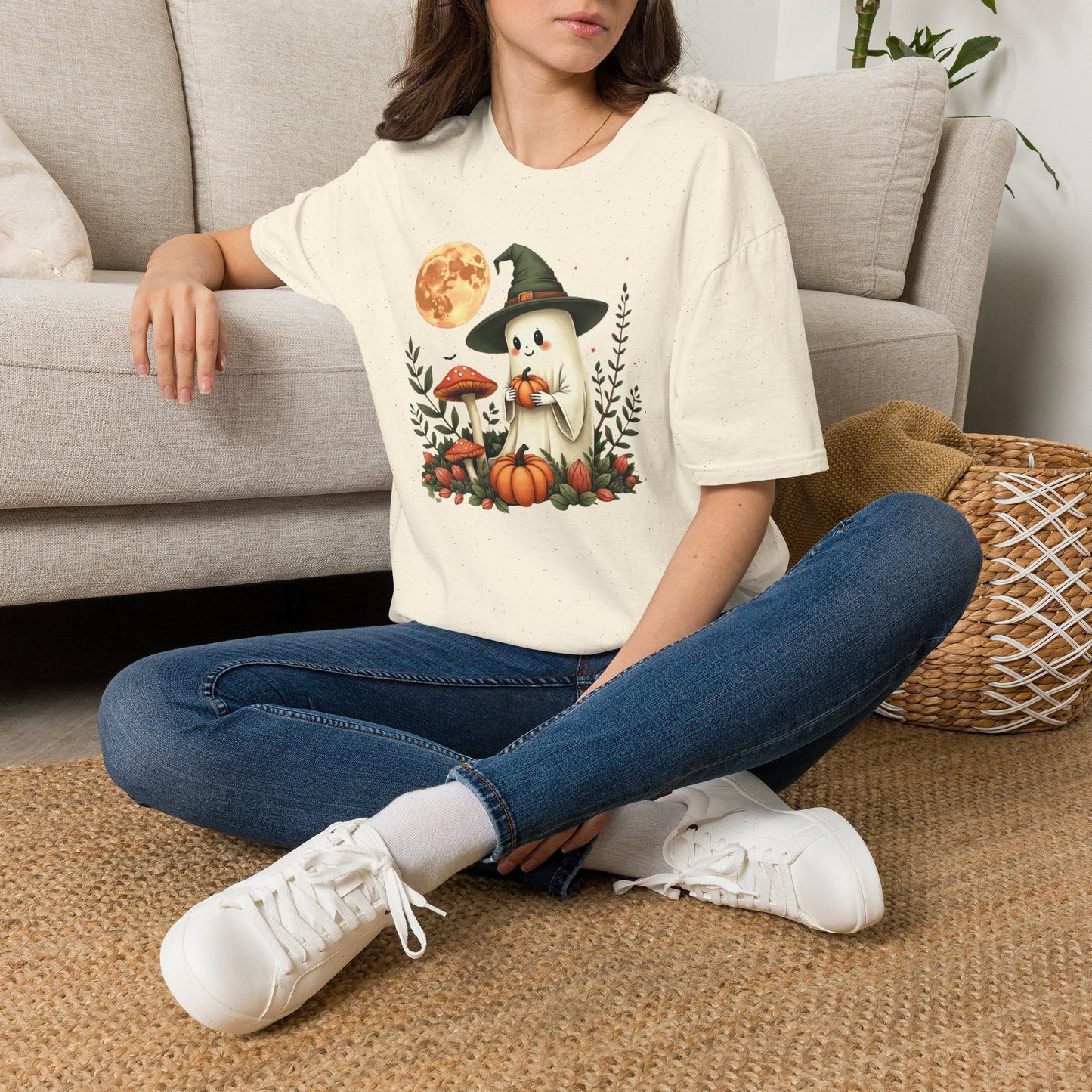Ghost Witch T‑Shirt — Cute Halloween Moon, Pumpkin & Mushroom Design