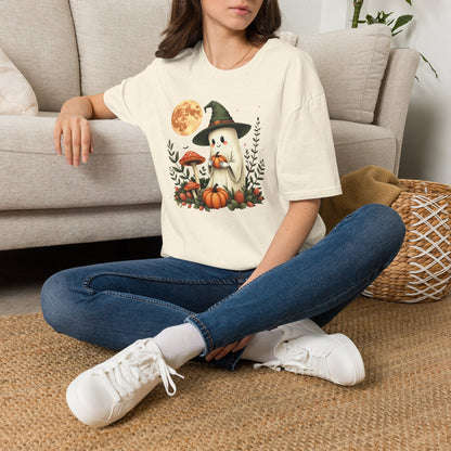 Ghost Witch T‑Shirt — Cute Halloween Moon, Pumpkin & Mushroom Design