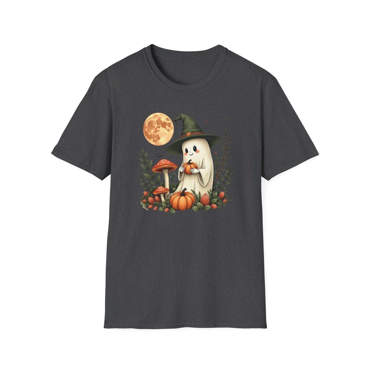Ghost Witch T‑Shirt — Cute Halloween Moon, Pumpkin & Mushroom Design