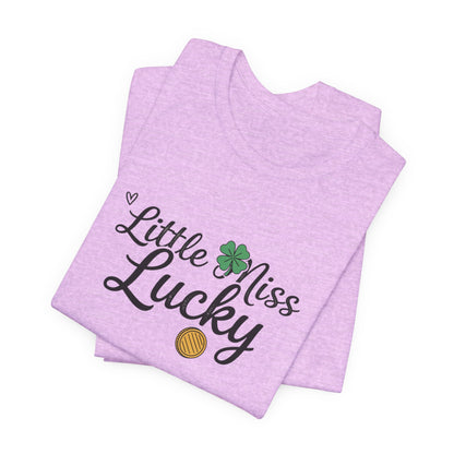 Little Miss Lucky T-Shirt — St. Patrick’s Day Girls’ Tee with Shamrock & Gold Coin