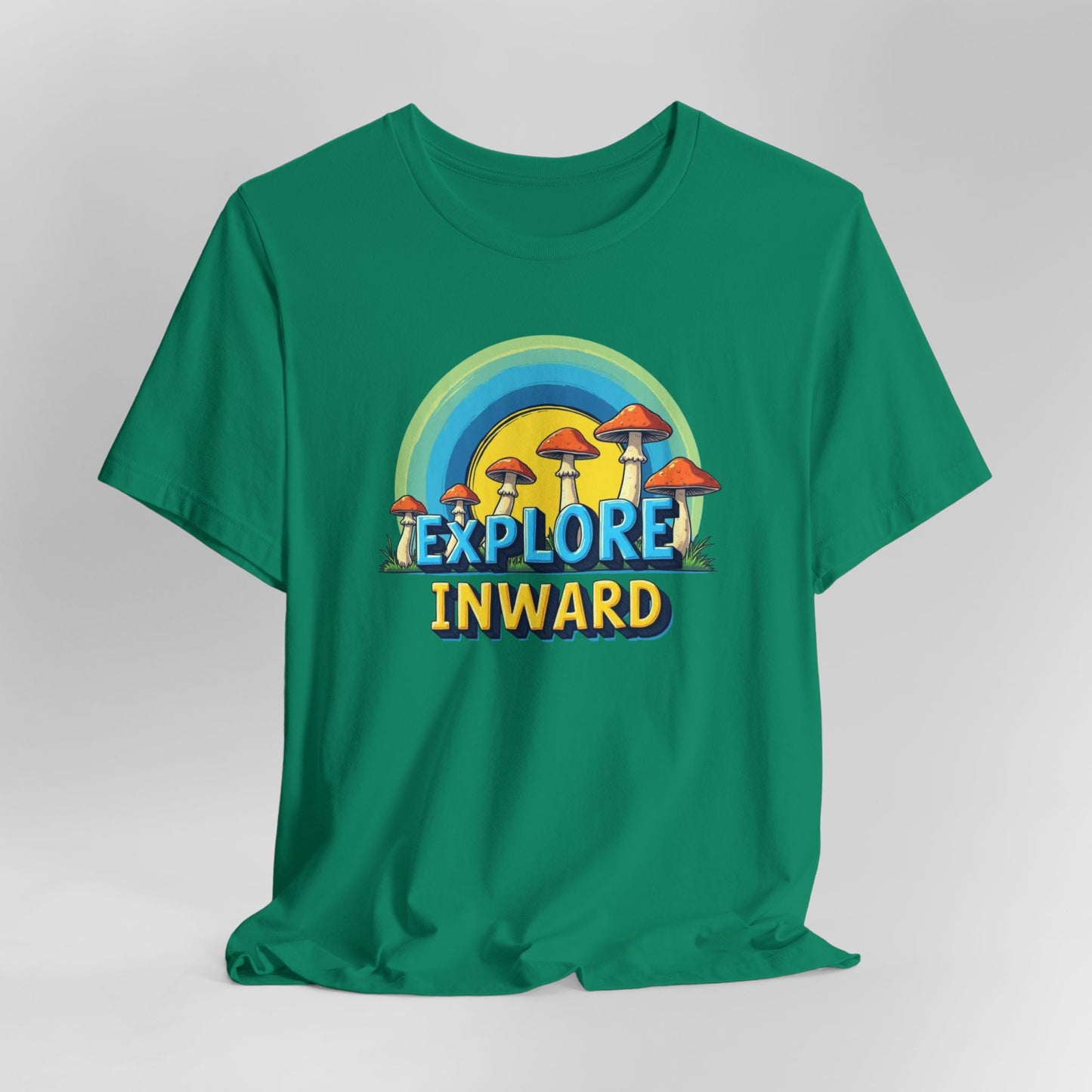 Explore Inward T-Shirt — Retro Mushroom Rainbow Graphic Tee