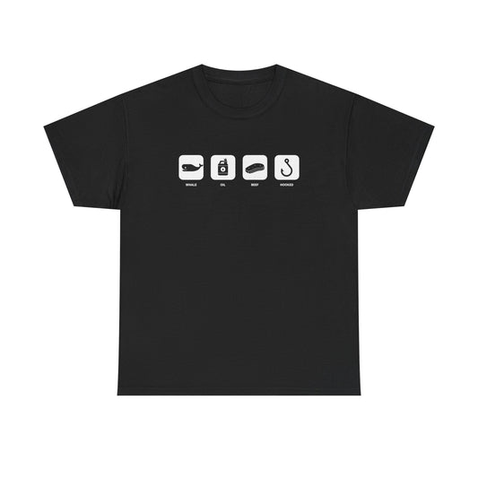 Fishing Essentials Icons T‑Shirt — Rod, Lure, Bait & Hook Graphic Tee