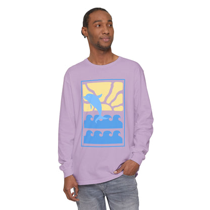Sunset Dolphin Unisex Garment-dyed Long Sleeve T-Shirt - Psychonaut Swag