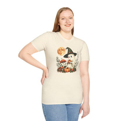 Ghost Witch T‑Shirt — Cute Halloween Moon, Pumpkin & Mushroom Design
