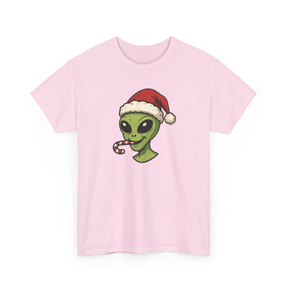 Alien Santa T-Shirt — Cute Green Alien with Santa Hat & Candy Cane Holiday Tee