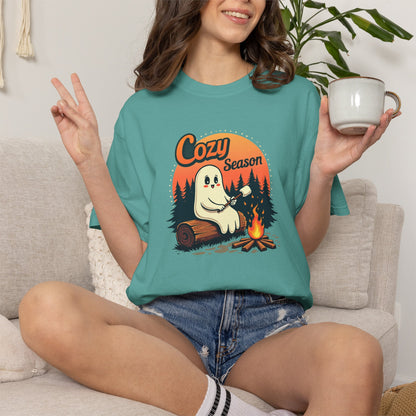 Cozy Season Ghost Tee — Campfire Autumn Graphic T-Shirt