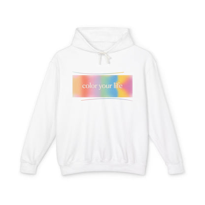 Color Your Life Hoodie — Pastel Rainbow Graphic Hooded Sweatshirt