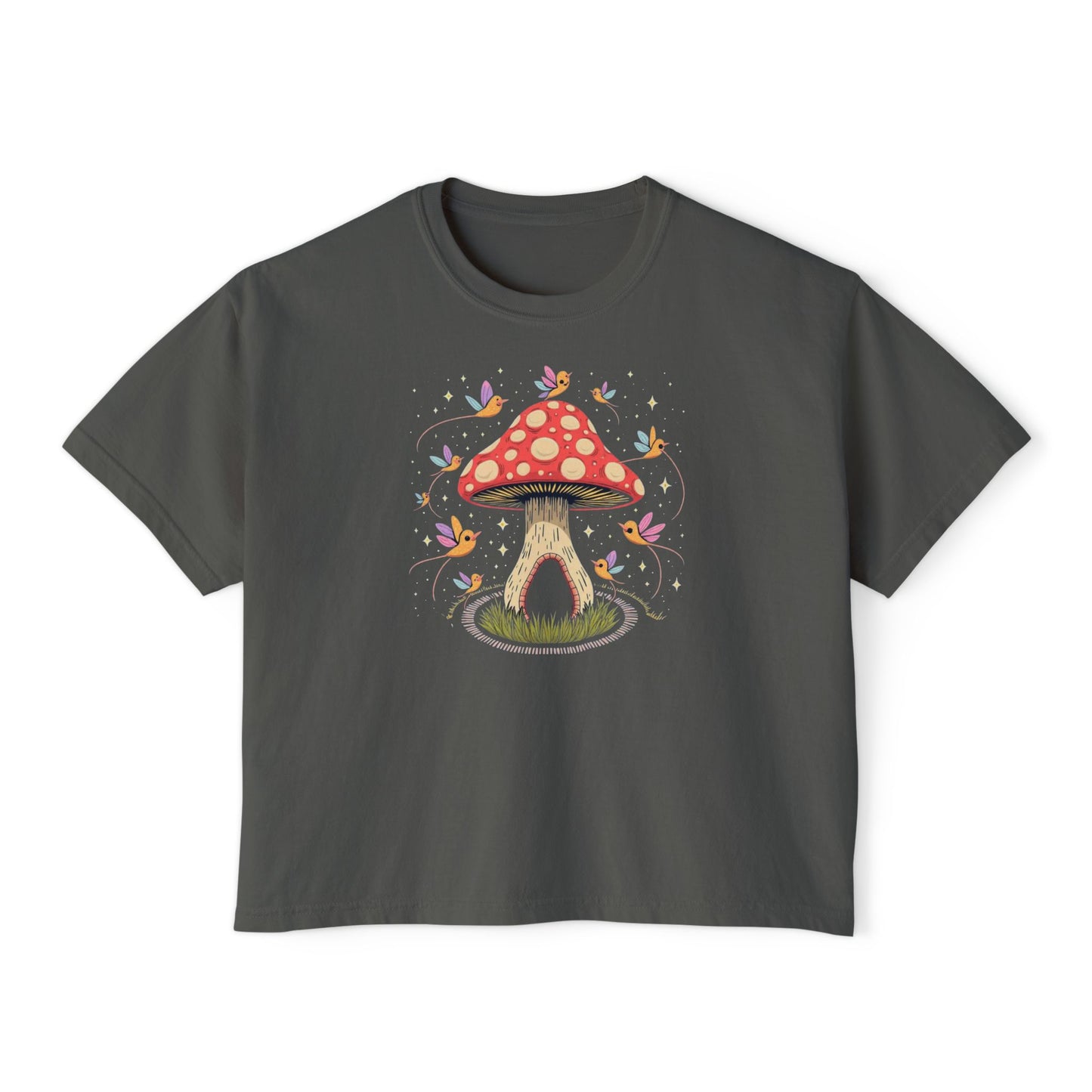 Mushroom Fairy House Boxy Tee — Whimsical Nature Graphic Shirt for Women