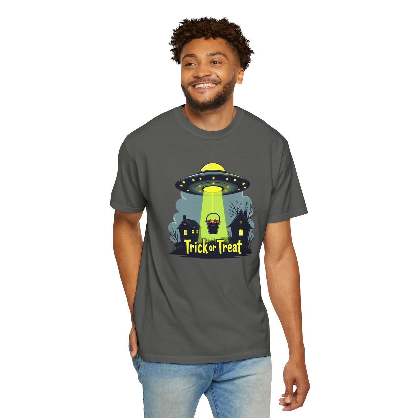 Halloween UFO Trick or Treat T-Shirt — Alien Abduction Spooky Tee